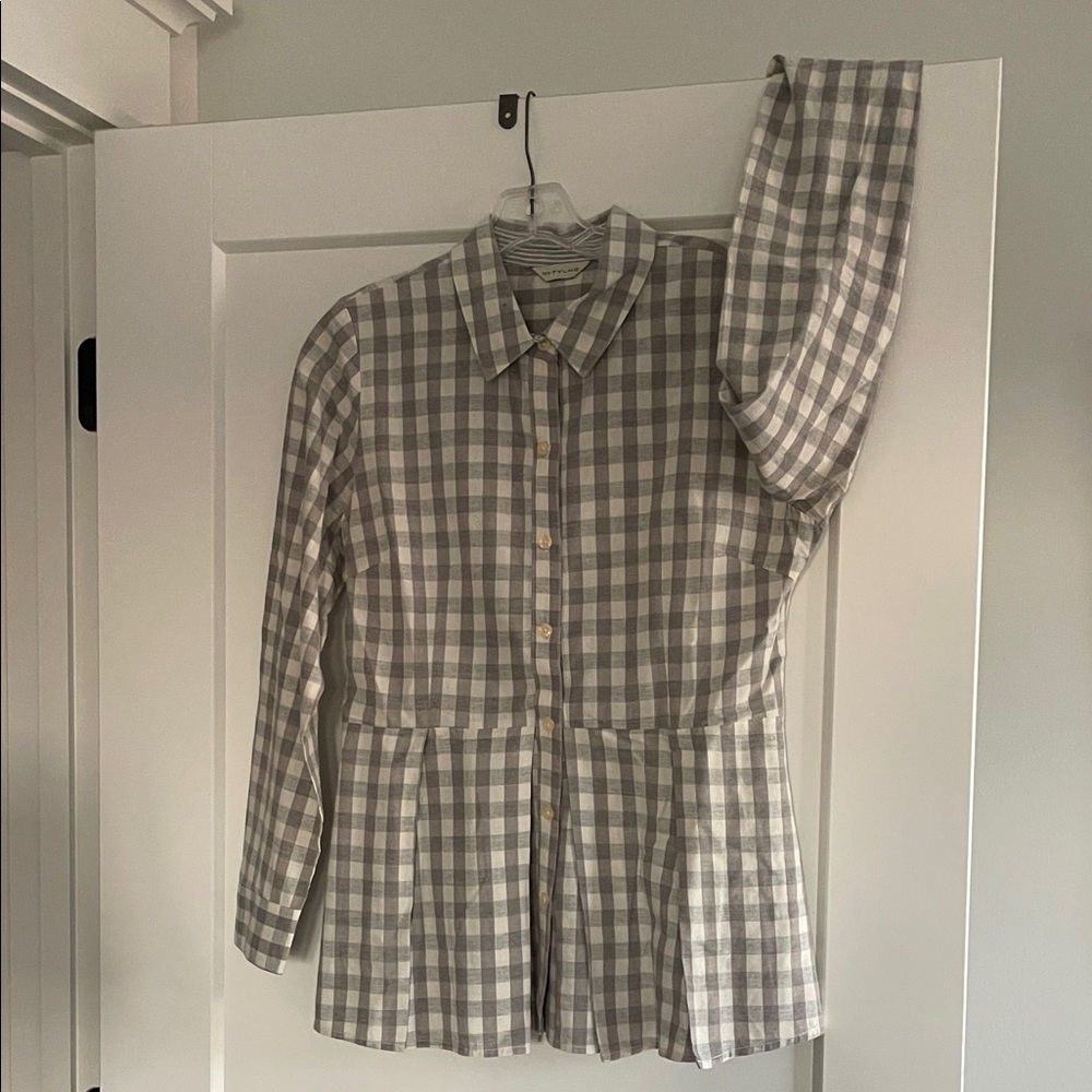 Gray Checkered Button-Up Blouse